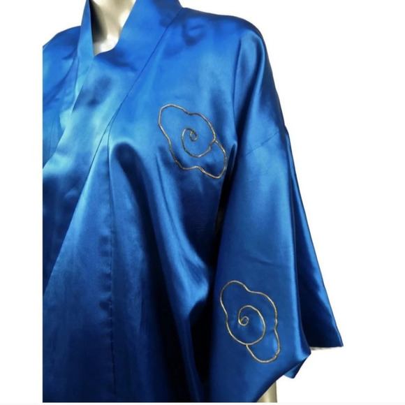 Vtg Cobalt Blue Satin Sea Serpent Landscape Embroidered‎ Kimono Fully Lined - Picture 6 of 12